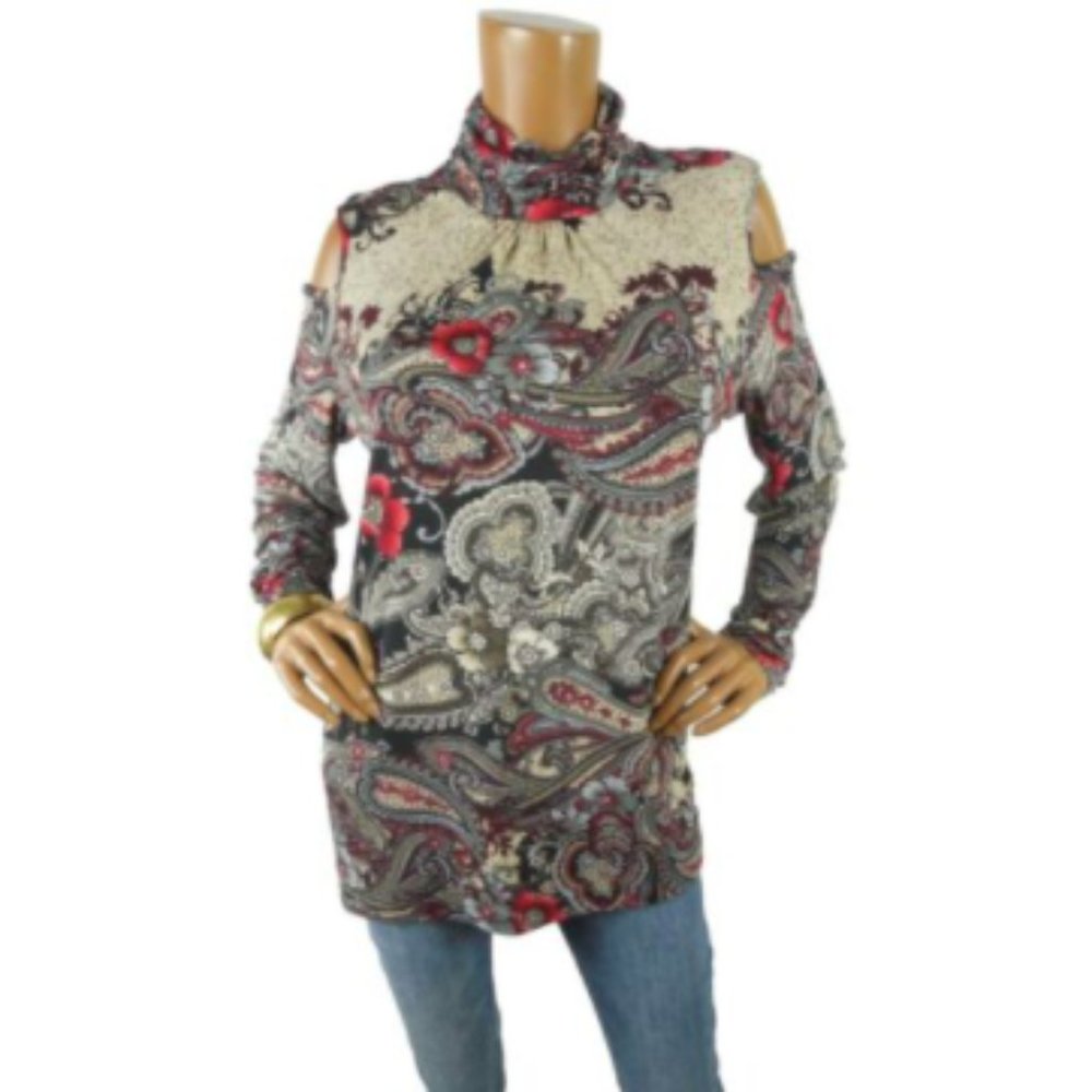 SUSAN GRAVER Top L Cold Shoulder Shirt Stretch Long Sleeve Paisley/Floral Casual - Picture 1 of 11